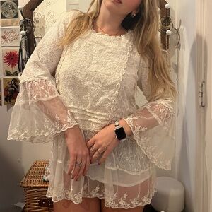 vintage floral lace embroidered layered blouse with sheer bell sleeves